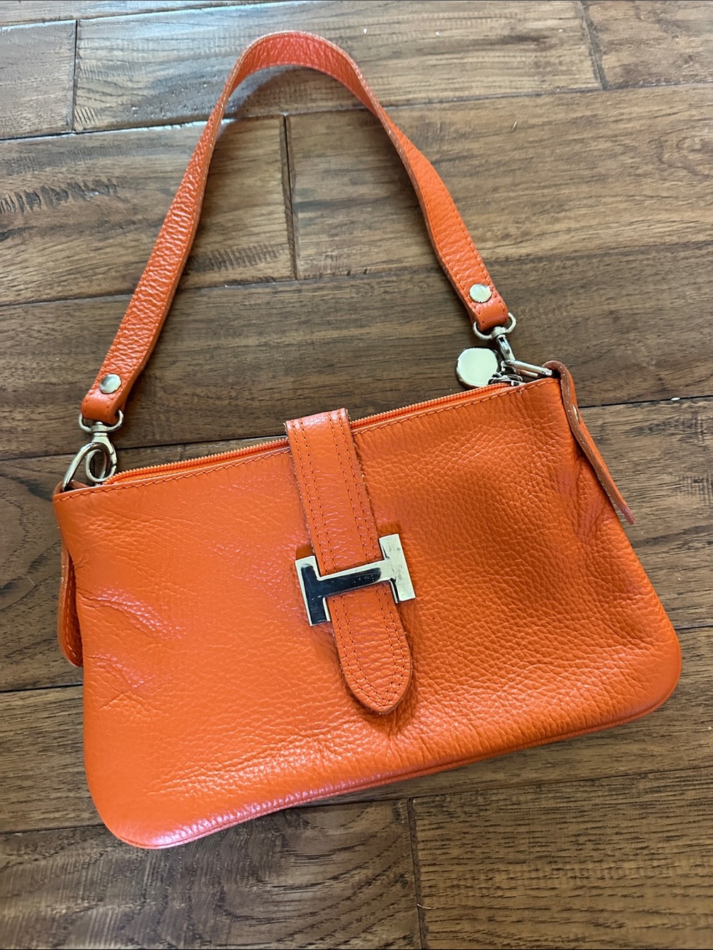 Orange Leather Shoulder Bag with Silver Hardware
